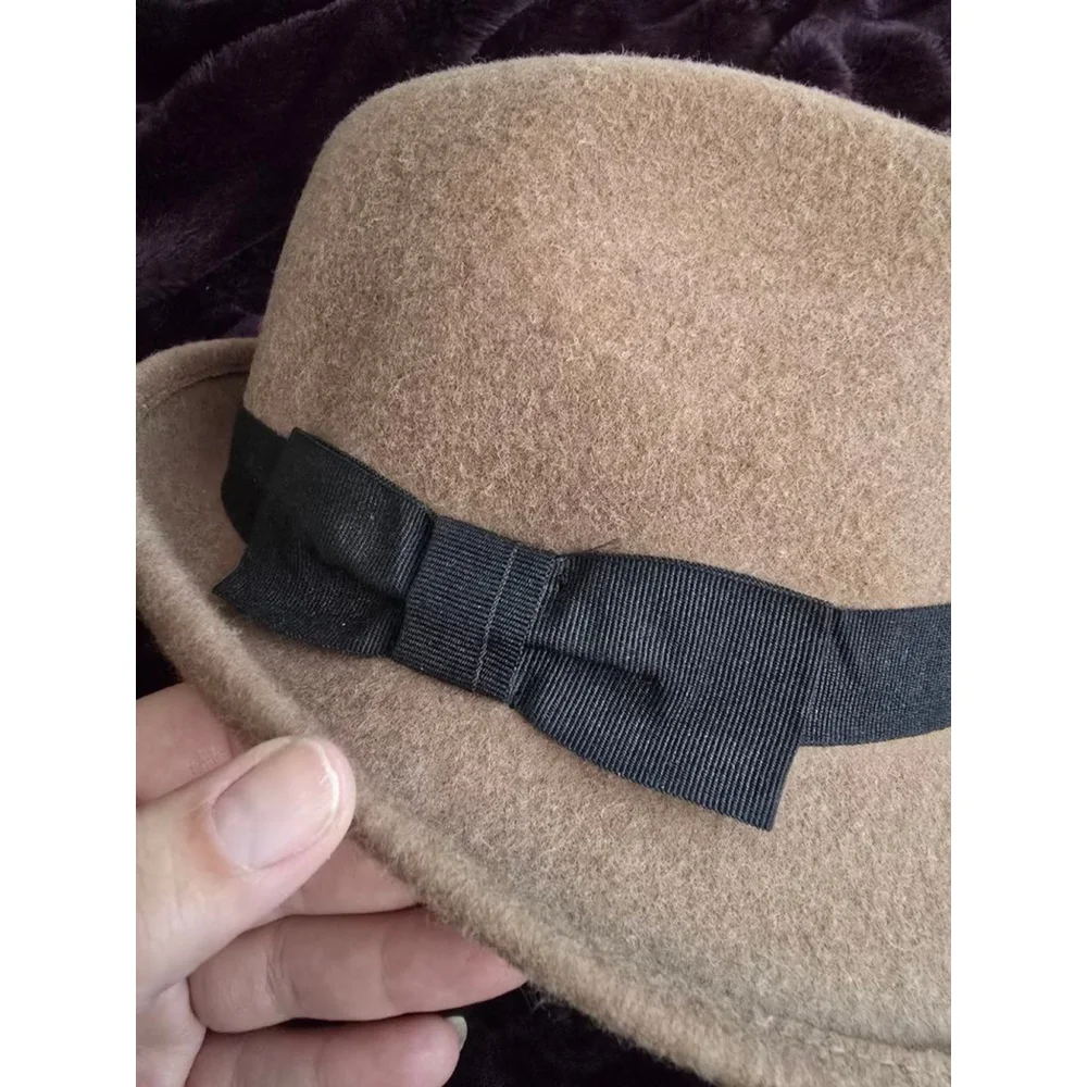 Women's Nordstrom Tan Brown Wool Felt Fedora Hat with Black Ribbon, One Size